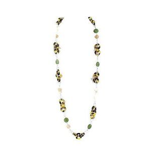T Brand 38" +3" Ext. Silvertone Green Tortoise Mixed Media Long Necklace